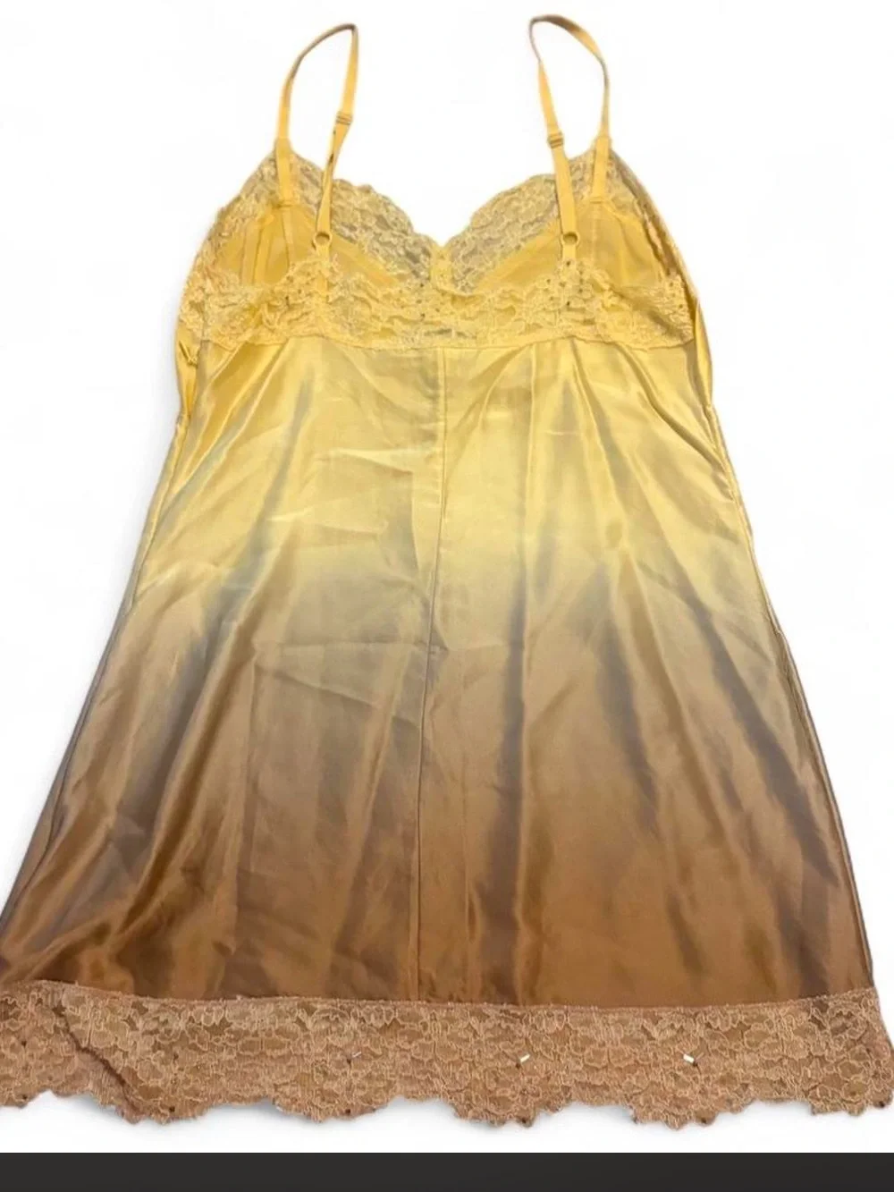 Vintage Moda International ombré 100% Silk Yellow Lace Trim Satin Chemise Slip